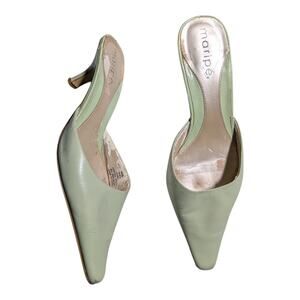 Vtg Y2K Maripe Spring Green Leather Pointed Toe Kitten Heel Open Back Mules 8.5